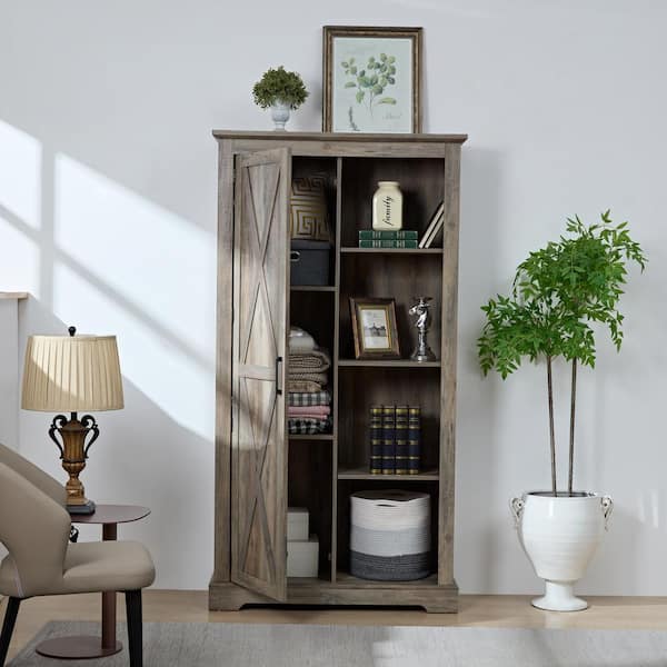 FUNKOL 39.37in x 15.75in x 74.4in Espresso Vintage MDF Ready to Assemble Kitchen Cabinet with 1 Barn Door and 3 Shelves
