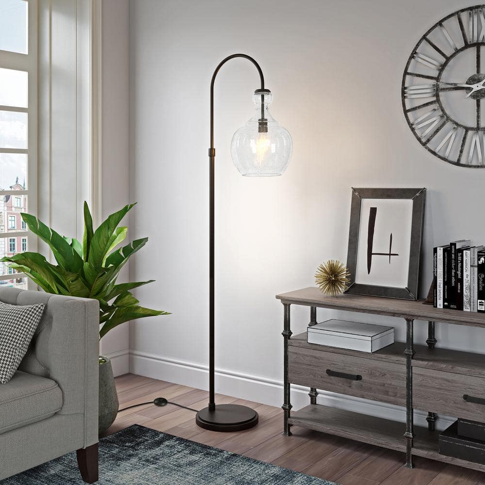Bronze Arc Adjustable Floor Lamp with Seeded Glass Shade