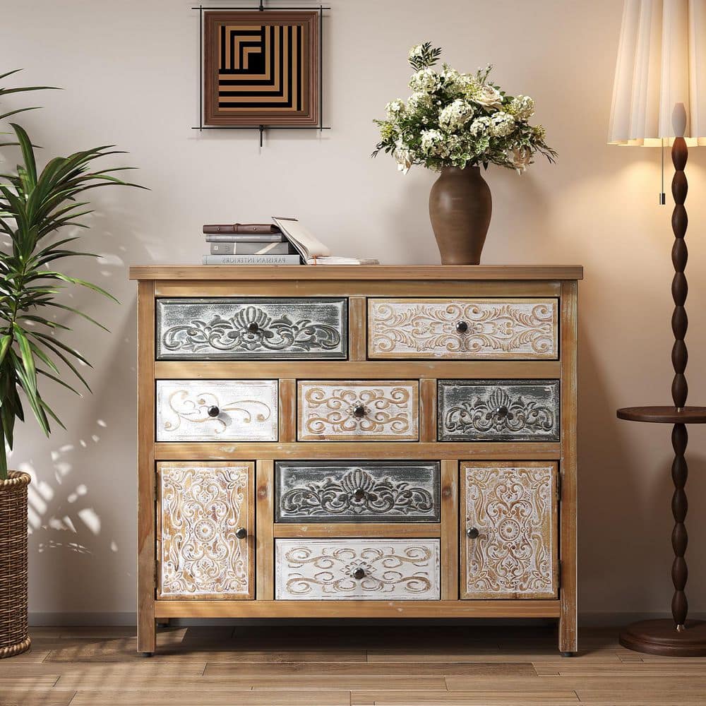39 in. Vintage Wooden Accent Chest with 6/7 Drawers, Rustic Multicolor Carved Storage