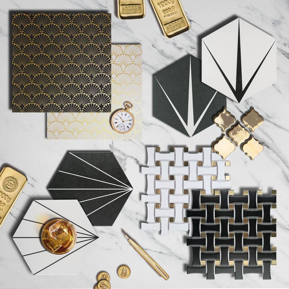 Manhattan Noir 12" x 12" Gold Motif Matte Porcelain Tile