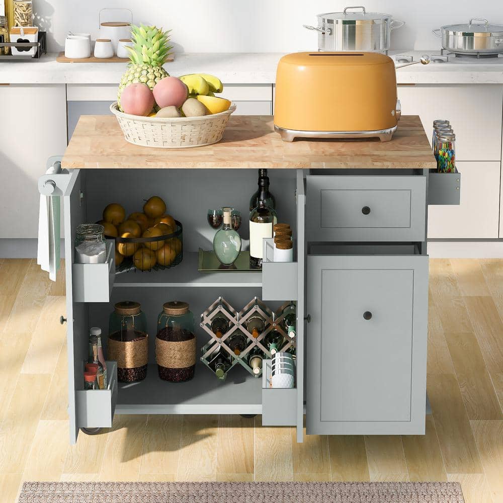 Xzkai Gray-Blue Wood 53.9 in. Kitchen Island with Kitchen