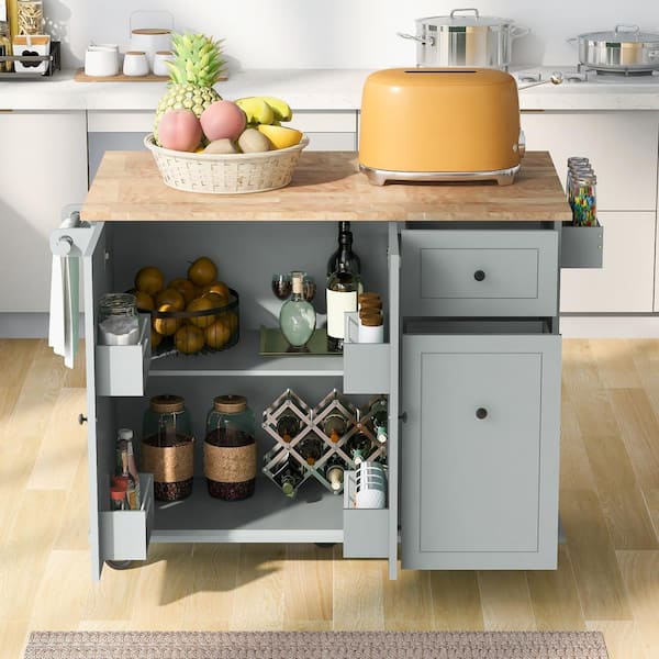 Xzkai Gray-Blue Wood 53.9 in. Kitchen Island with Kitchen Storage Cart with Spice Rack Towel Rack