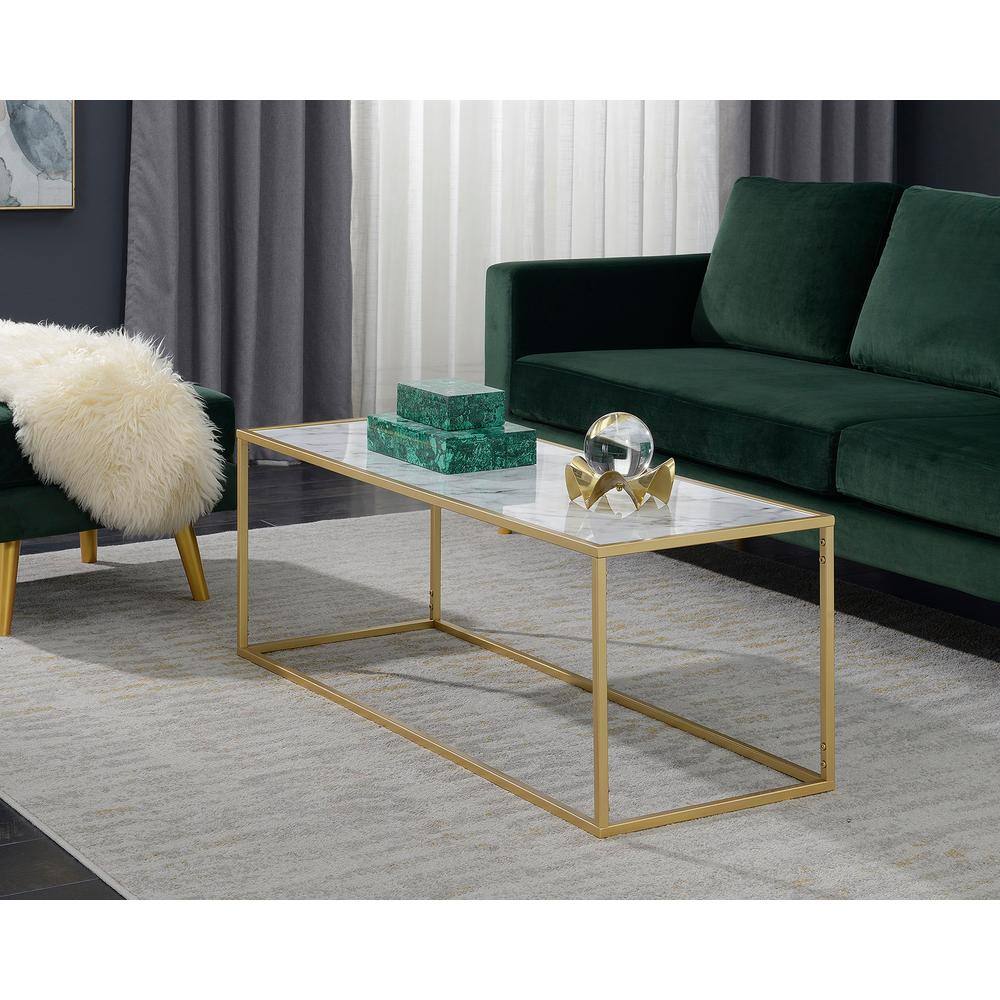 Gold Faux Marble Rectangular Coffee Table with Metal Frame