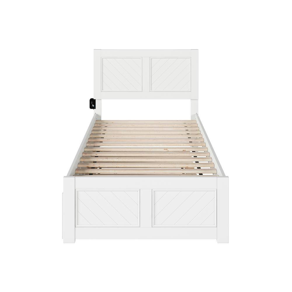White Twin XL Wood Platform Bed with Trundle and Headboard