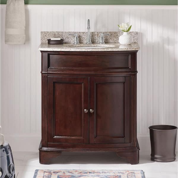Terryn 31 in. W x 35 in. H x 20 in. D Vanity in Cherry with Granite Vanity Top in Beige with White Basin