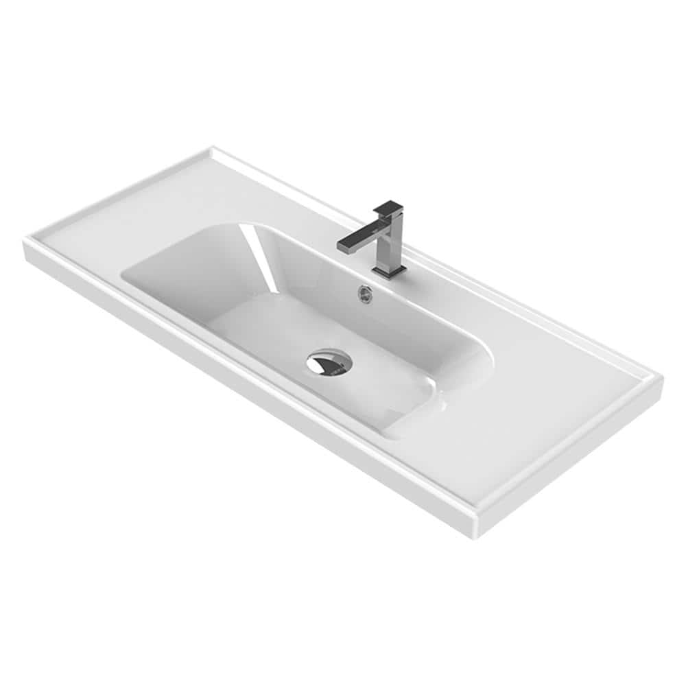 Glossy White Ceramic Rectangular Wall-Mount Bathroom Sink