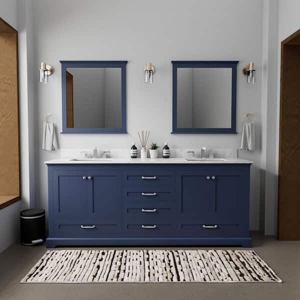 Dukes 80 in. W x 22 in. D Navy Blue Double Bath Vanity, Carrara Marble Top, and 30 in. Mirrors