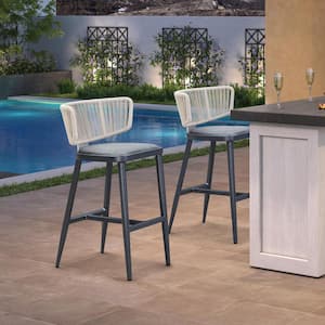 Modern Aluminum Outdoor Bar Stool Magnalium Button Rope Kelley Patio Bar Stool with Backrest and Cushion (Set of 2)