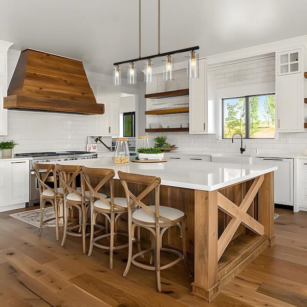 5-Light Plated Brass and Matte Black Island Hanging Chandelier Modern Linear Pendant Light for Kitchen and Dining Room