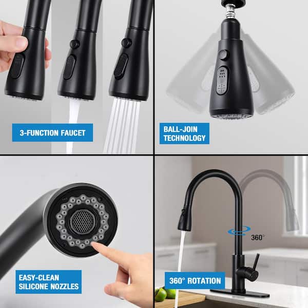 1-Handle Pull Down Sprayer Kitchen Faucet Single Level Stainless Steel Kitchen Sink Faucets in Matte Black