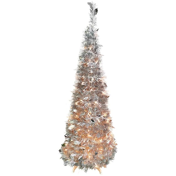 Northlight 4 ft. Silver Pre-Lit Tinsel Pop-Up Artificial Christmas Tree, Clear Lights