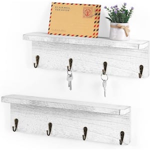 Rustic Wall Mounted Wood Shelf Set of 2 Hanging Storage Shelves with 4 Hooks, Rustic White