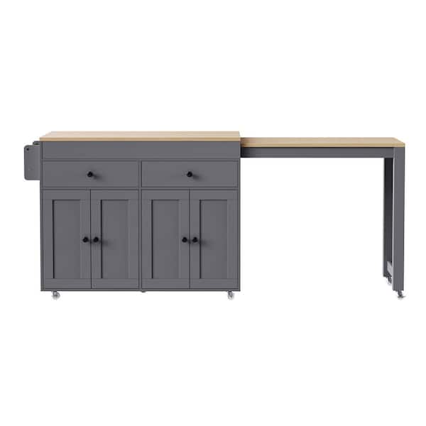 Staykiwi Grey Wood 74.5 in. Kitchen Island with Extendable Dining Table and 2 Drawers