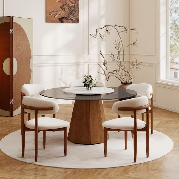 Modern 59.05 in. Black Round Rotable Lazy Susan Tempered Glass Tabletop with Walnut Pedestal Base Dining Table (Seats 8)
