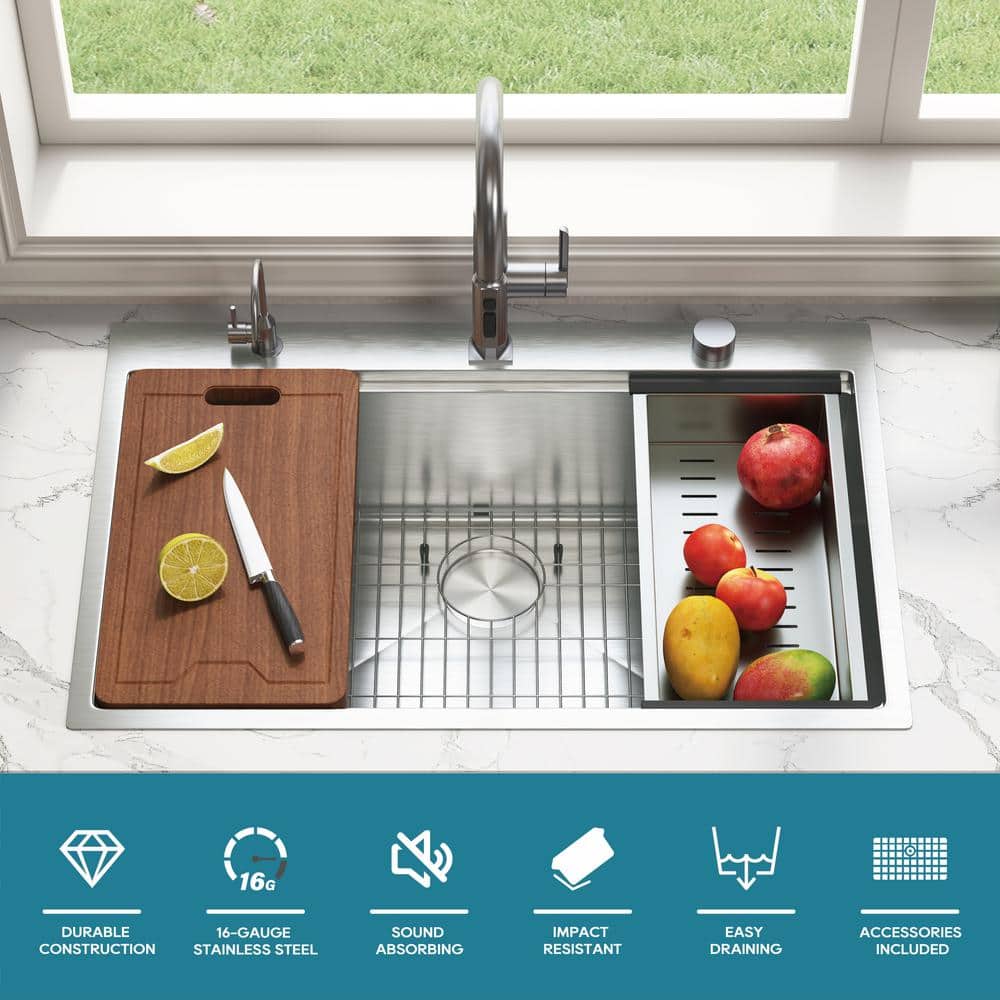 33'' Brushed Stainless Steel Single Bowl Drop-In Workstation Sink