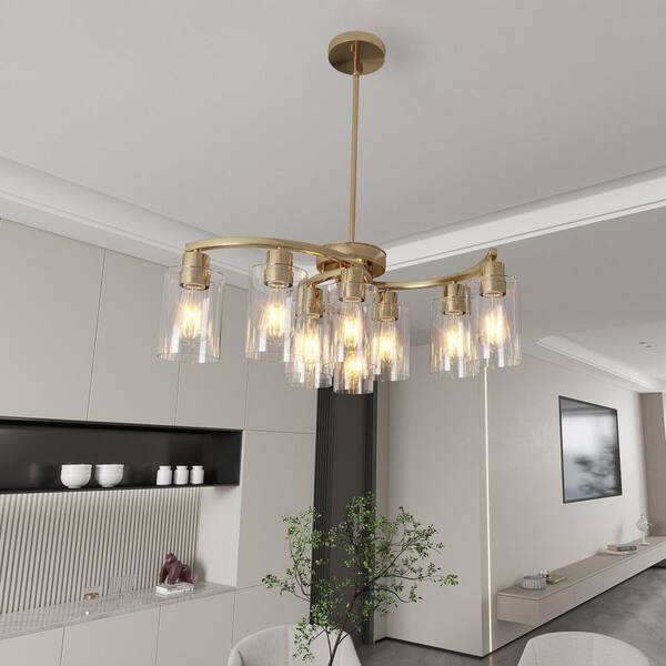 9-Light Gold Chandelier Light Fixture with Clear Glass Shades, Adjustable Height Hanging Light