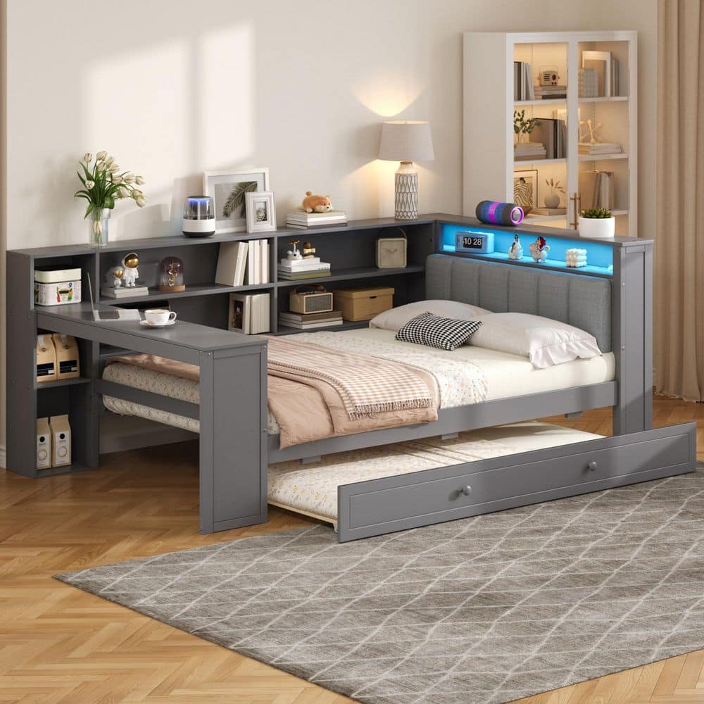 Diane Modern Grey Wood Twin Platform Bed Daybed with Trundle, Grey Upholstered Headboard, Shelves and Charging Station price history on PriceWatchPro