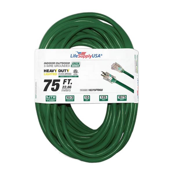 LifeSupplyUSA 75 ft. 10/3 SJTW 15 Amp 125-Volt 1875-Watt Dark Green Indoor/Outdoor Heavy-Duty with Lighted End Extension Cord
