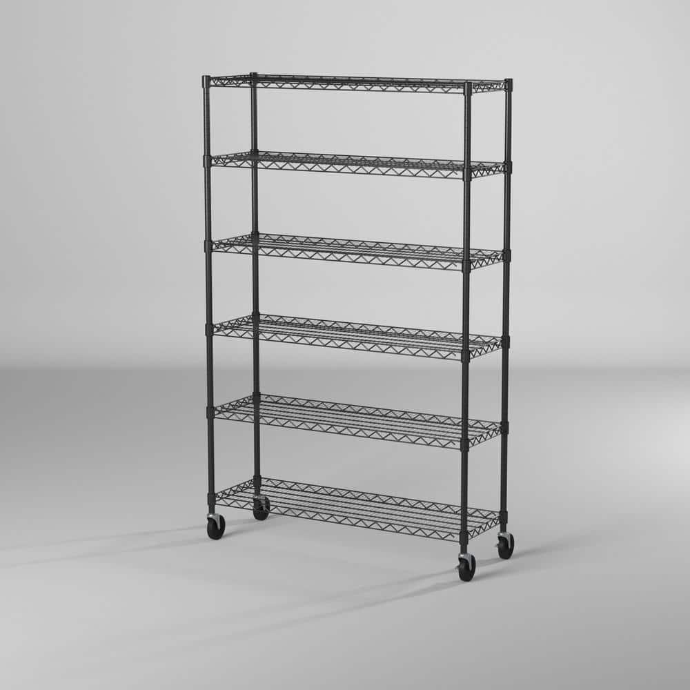 Black 6-Tier Steel Wire Shelving Unit with Wheels