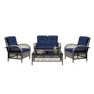 4--Piece Gray Wicker Patio Conversation Seating Set with Navy Blue Cushions and Coffee Table