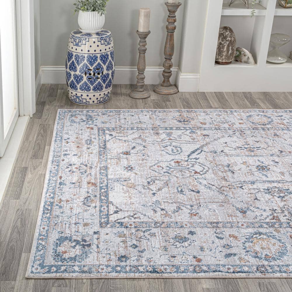 Light Gray and Blue Low-Pile Machine-Washable Rectangular Rug