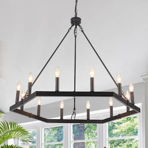 12-Light Black Hexagonal Design Wagon Wheel Chandelier for Kitchen Island with No Bulbs Included