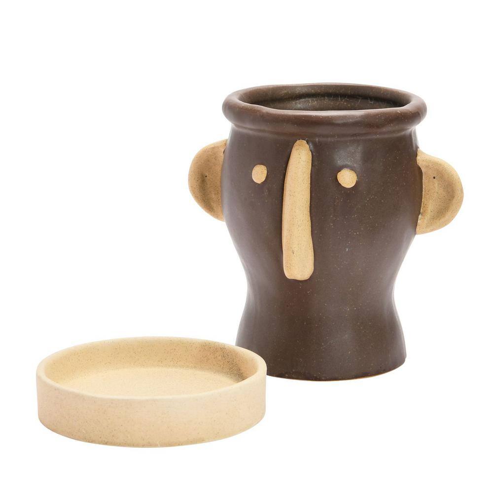 Matte Black and Cream Stoneware Face Planter with Saucer