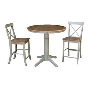 Olivia 3-Piece 36 in. Hickory/Stone Round Solid Wood Counter Height Dining Set with X-Back Stools