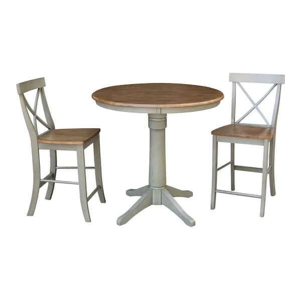 International Concepts Olivia 3-Piece 36 in. Hickory/Stone Round Solid Wood Counter Height Dining Set with X-Back Stools