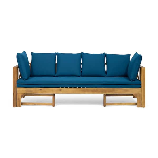 Long Beach Teak Brown 1-Piece Wood Outdoor Patio Day Bed with Dark Teal Cushions