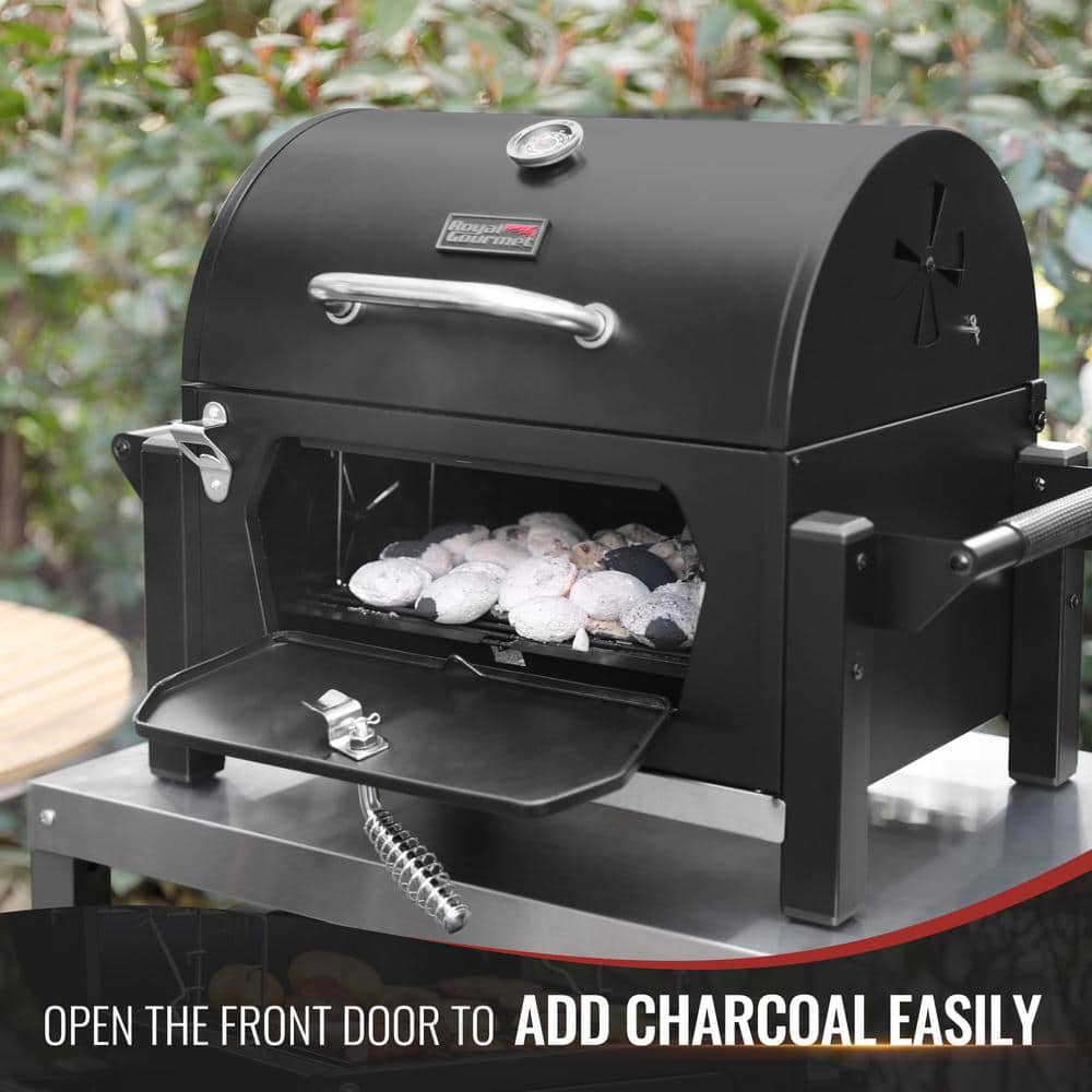 Compact Black Steel Portable Charcoal Grill with Warming Rack