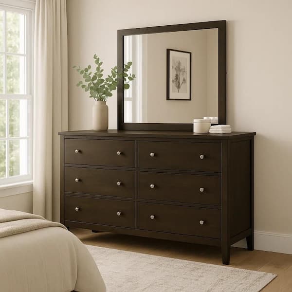 Wlly Dark Cocoa Brown and Nickel 6-Drawer 15.25 in. Dresser with Mirror