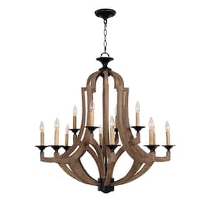 Winton 12-Light Weathered Pine/Bronze Finish Hanging Chandelier for Kitchen or Foyer with No Bulbs Included