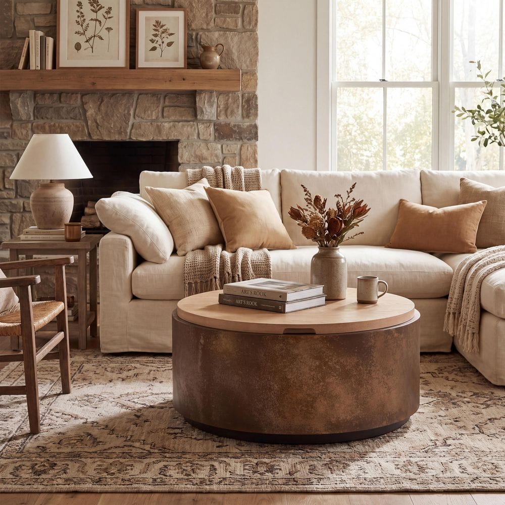 Modern 36.61 in. Brown Round MDF Wood Storage Coffee Table with Ash Veneer Top, Natural, Rust