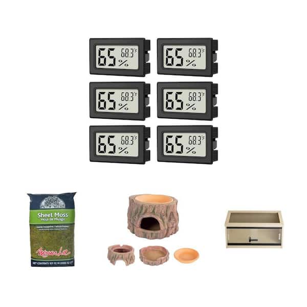 Digital Thermometer Hygrometer (6-Pack), 325 sq. in. Sheet Moss, Reptile Hide Cave, and 24 in. Reptile Lounge