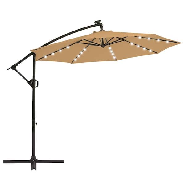 wikiwiki 10 ft. Solar LED Patio Offset Umbrella Outdoor Cantilever Umbrella Tan