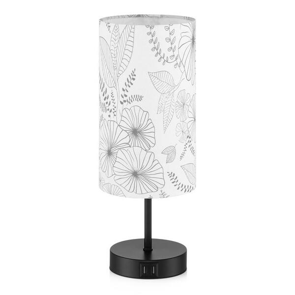 Cinkeda Krol 15 in. Metal USB Table Lamp with 2 USB Ports and Floral Linen Shape