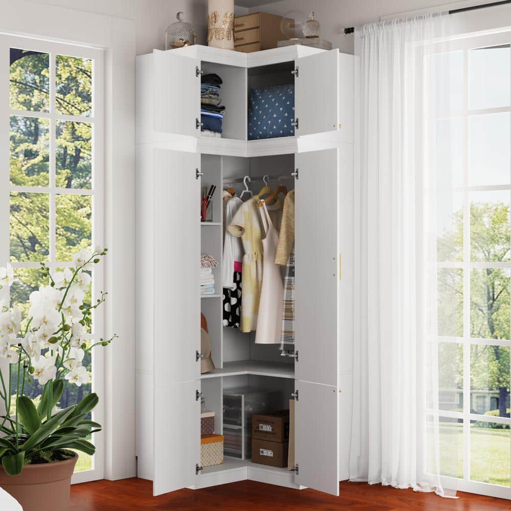 White Wood 35.4 in. W 6-Door Corner Wardrobe Armoires with Hanging Rod, Storage Shelves 93.9 in. H x 35.4 in. D - thumbnail 2