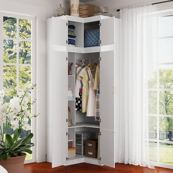 White Wood 35.4 in. W 6-Door Corner Wardrobe Armoires with Hanging Rod, Storage Shelves 93.9 in. H x 35.4 in. D