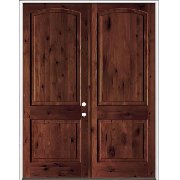60 in. x 96 in. Rustic Knotty Alder 2-Panel Arch-Top Active Left Double BEHR Red Mahogany Stain Wood Prehung Front Door