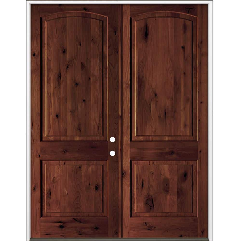 64 in. x 96 in. Rustic Knotty Alder 2-Panel Arch-Top Active Left Double BEHR Red Mahogany Stain Wood Prehung Front Door price history on PriceWatchPro