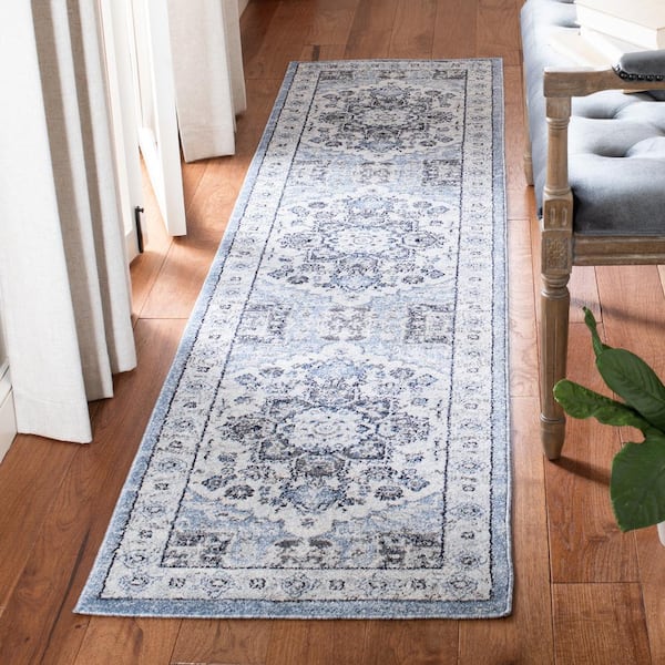 Charleston Blue/Gray 2 ft. x 8 ft. Border Floral Runner Rug