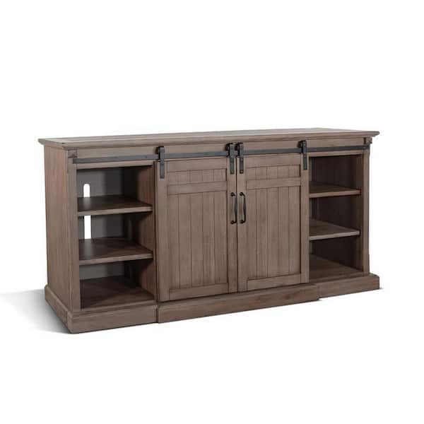 Benjara Yael Brown TV Stand Console Fits TV's up to 60 to 65 in. with Barn Doors
