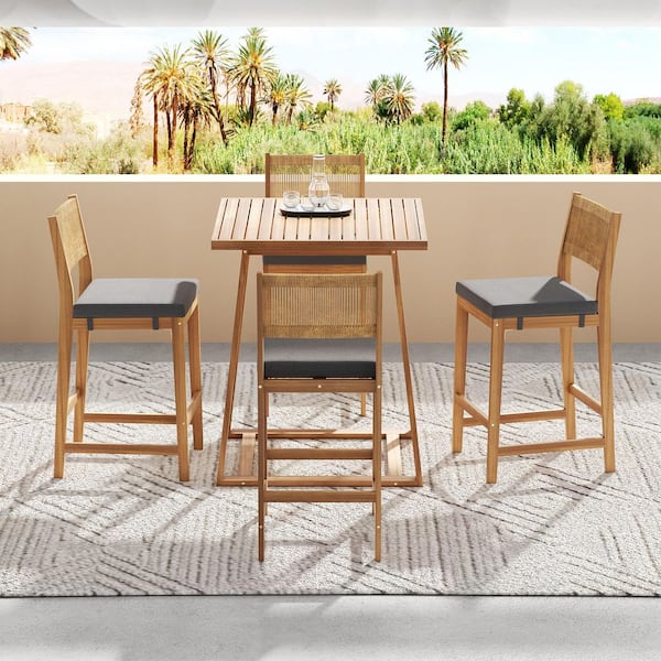 Leah Teak 5-Piece Wood Square 44.75 in. Patio Outdoor Serving Bar Set with Dark Gray Cushions, Rattan Back