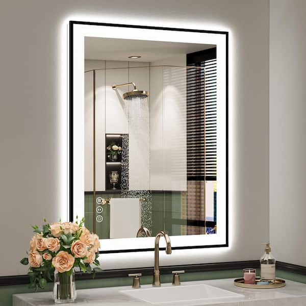 28 in. W x 36 in. H Rectangular Framed Front and Back LED Lighted Anti-Fog Wall Bathroom Vanity Mirror in Tempered Glass