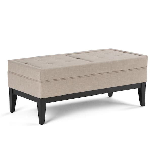 Simpli Home Castlerock 42 in. Transitional Ottoman Bench in Natural Linen Look Fabric