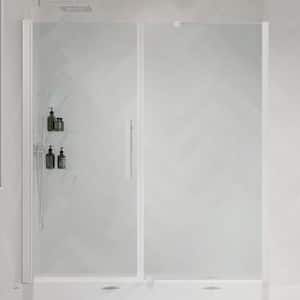 Pasadena 59-1/16 in. W x 72 in. H Pivot Frameless Shower Door in Satin Nickel with Shelves