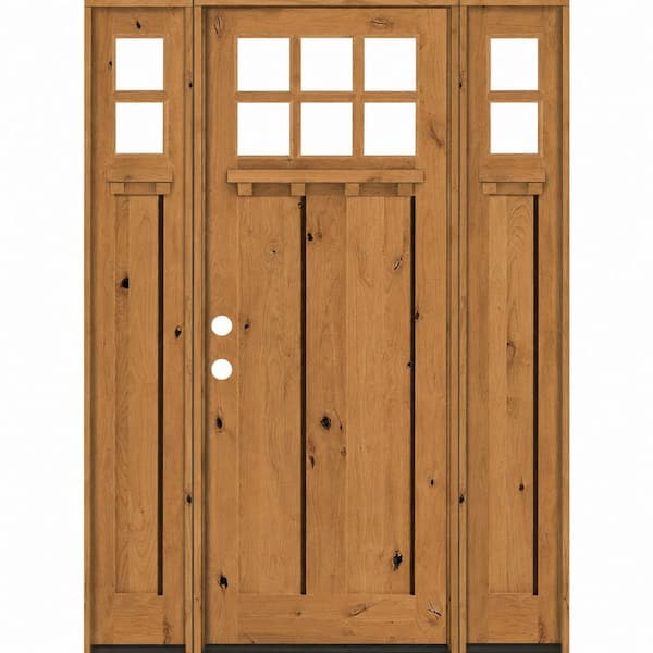 70 in. x 96 in. Knotty Alder Right-Hand/Inswing 6 Lite Beveled Clear Glass Cedar Stain Wood Prehung Front Door w/ DSL DS