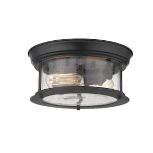 14 in. 2-Light Matte Black Flush Mount with Clear Seedy Shade