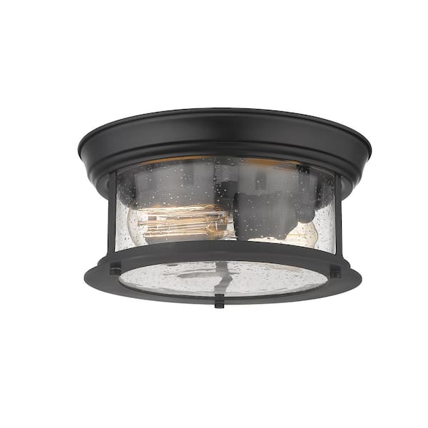 Unbranded 14 in. 2-Light Matte Black Flush Mount with Clear Seedy Shade